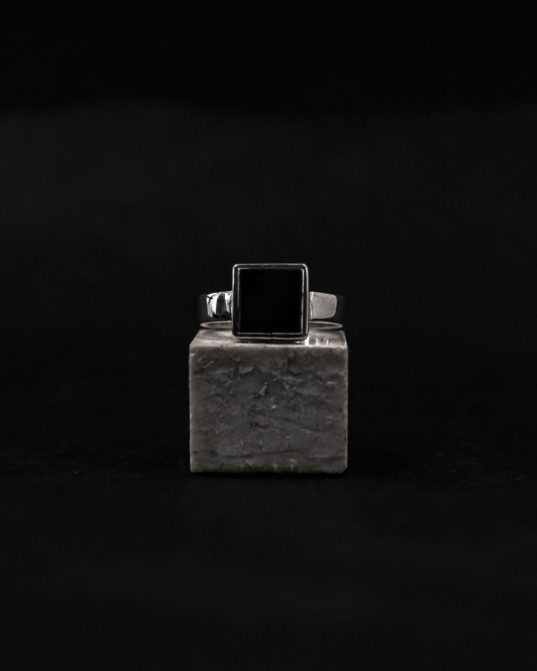 bold mens signet ring, square onyx mixed with shiny sterling silver.